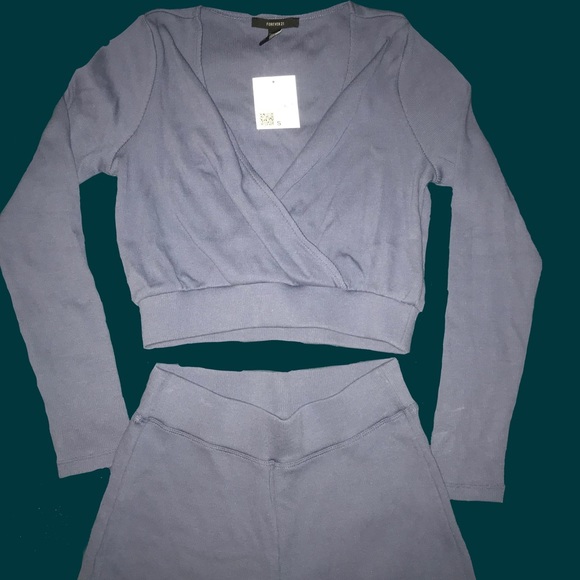 Dusty Blue Top and Wide Leg Ribbed Stretchy Lounge Pants Matching 2 Piece Set - Picture 2 of 3